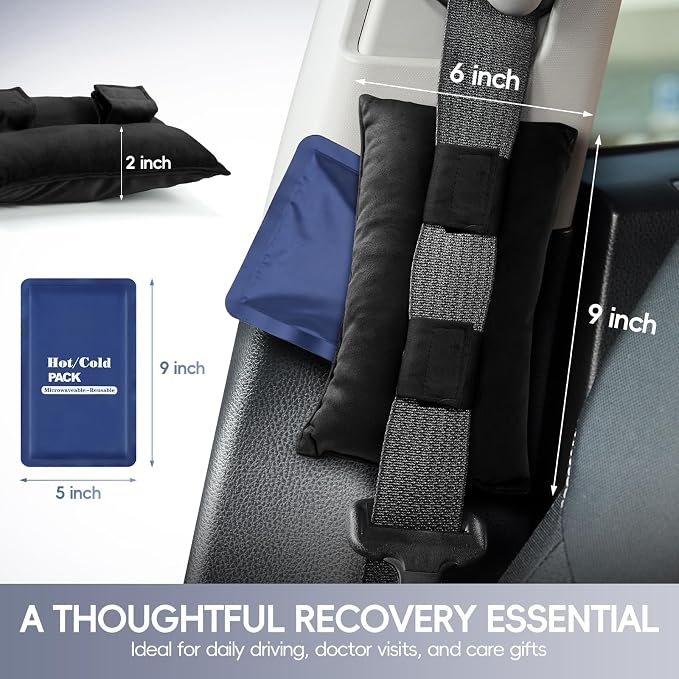 Post Surgery Seat Belt Pillow with Ice Pack, Seatbelt Cushion for Mastectomy, Heart Surgery, C-Section & Hysterectomy Recovery, Chemo Port Protector, Seatbelt Pad with Pocket(Black)