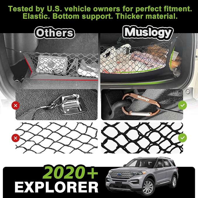 Muslogy Truck Bed Cargo Net Trunk Netting Compatible with 2020-2024 2025 2026 Ford Explorer Accessories, Pickup Cargo Organizer SUV Sedan Storage Net w/Heavy Duty Carabiners