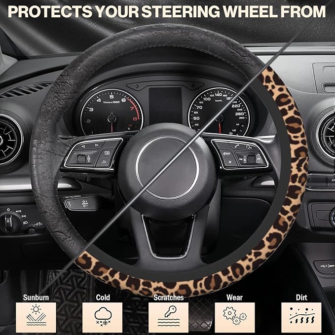 Leopard Steering Wheel Cover, Cheetah Universal Car Steering Wheel Covers for Women & Men, 15 Inch Anti-Slip Neoprene Stretchy Car Accessories Case for Vehicle Truck SUV