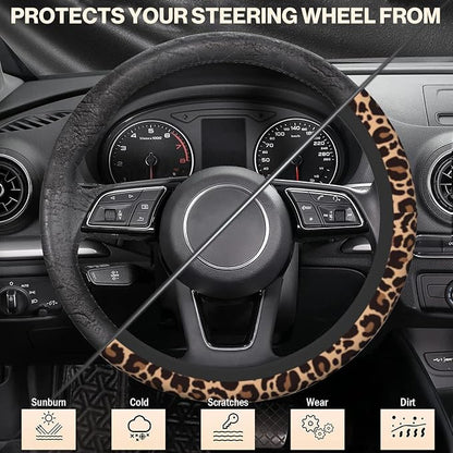 Leopard Steering Wheel Cover, Cheetah Universal Car Steering Wheel Covers for Women & Men, 15 Inch Anti-Slip Neoprene Stretchy Car Accessories Case for Vehicle Truck SUV