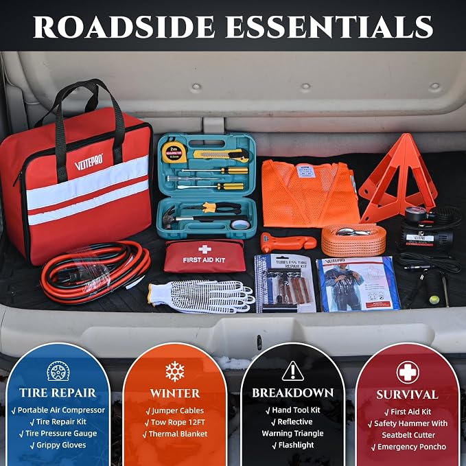 Roadside Emergency Car Kit for Vehicles, Car Emergency Kit with Jumper Cables, Air Compressor, First Aid Kit, Car Safety Tool Kits, Road Trip Assistance for Men, Women, New Driver Gifts