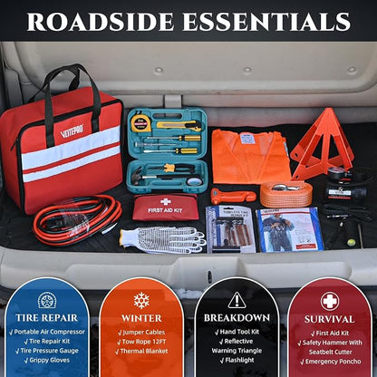 Roadside Emergency Car Kit for Vehicles, Car Emergency Kit with Jumper Cables, Air Compressor, First Aid Kit, Car Safety Tool Kits, Road Trip Assistance for Men, Women, New Driver Gifts