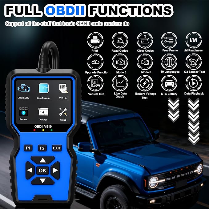 OBD2 Scanner Tool, Upgraded V519 Vehicle Code Reader for Check Engine Light Clear Fault Codes, Live Data Professional OBDII Scan Tool for 1996 OBD2 Protocol Vehicle, Blue