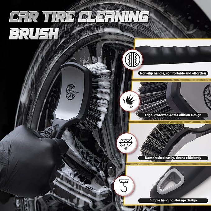 BMLEI Wheel & Tire Brush Set, 2 Pack Car Wheel Brush & Tire Cleaner Brushes, Soft Bristle Rim Brush and Stiff Tire Scrub Brush, Scratch-Free Wheel Cleaning Kit for Car Detailing, Trucks, SUVs