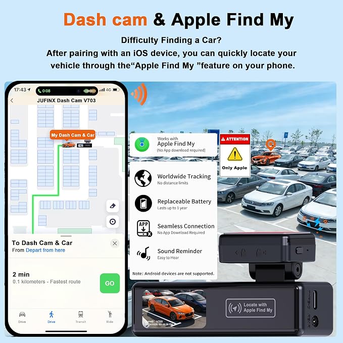4K Dash Cam Front and Rear,with “Apple Find My” Function, 5.8GHz WiFi Dash Camera for Cars,WDR Night Vision Technology, 170° Wide-Angle Shooting and 24-Hour Parking Monitoring Mode.(V703)