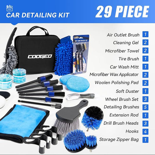 COOGEO 29Pcs Car Detailing Kit,Compelete Car Cleaning Kits Interior Cleaner with Detailing Brushes,Drill Brush Heads,Car Wash Kit with Cleaning Gel,Wash Mitt,Car Hooks,Car Care Gift for Men