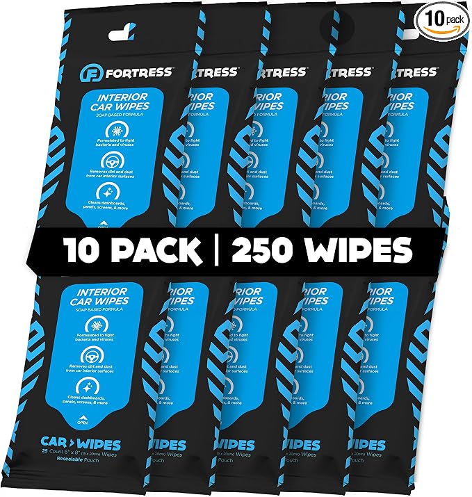 Fortress Car Interior Wipes (25 ct, Pack of 10) for Car Interior Cleaning, Dashboard, Seats, Detailing, and Steering Wheel [Travel Size] Skin-Safe Car Interior Cleaner Supplies