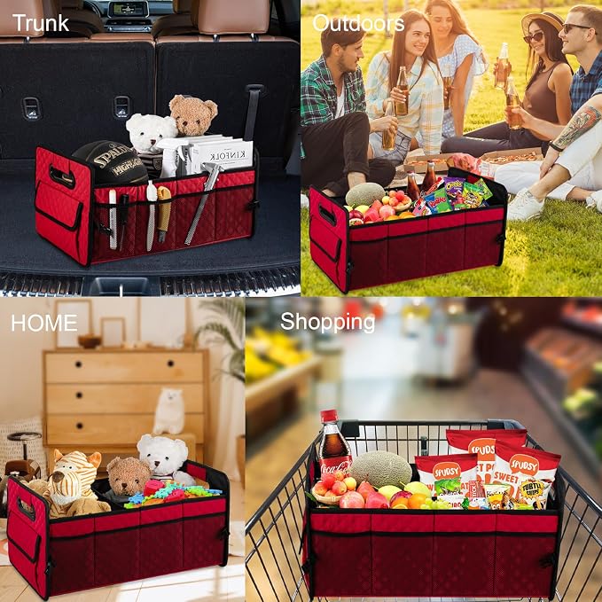 JiatuA Car Trunk Organizers and Storage for SUV, Collapsible Multi Compartment Container Box Adjustable Car Accessories for Women Men, Red