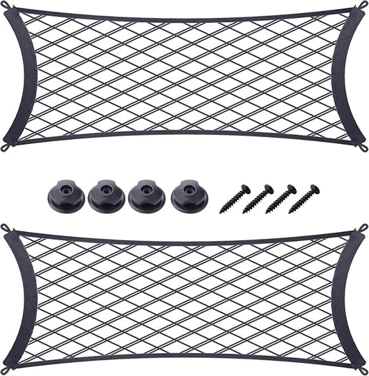 JINGKE 2 Pcs Small Cargo Net Pocket Elastic Mesh Netting Car Mesh Pouch with Screws and Hooks for Trunk RV Boats Home Cargo Storage (23.6'' x 9.8'')