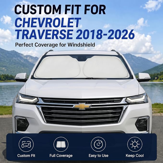 Custom Fit Windshield Sun Shade for Chevy Chevrolet Traverse 2018-2026 | Custom Fit Windshield Cover, Blocks UV Rays, Double-Layer Heat Shield, Durable Frame, Easy Fold & Storage