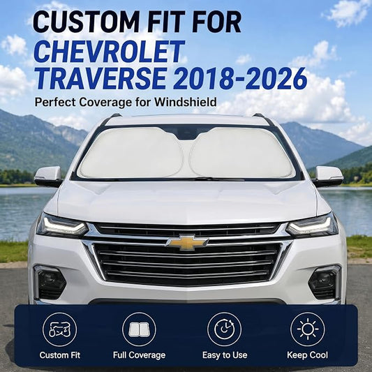 Custom Fit Windshield Sun Shade for Chevy Chevrolet Traverse 2018-2026 | Custom Fit Windshield Cover, Blocks UV Rays, Double-Layer Heat Shield, Durable Frame, Easy Fold & Storage