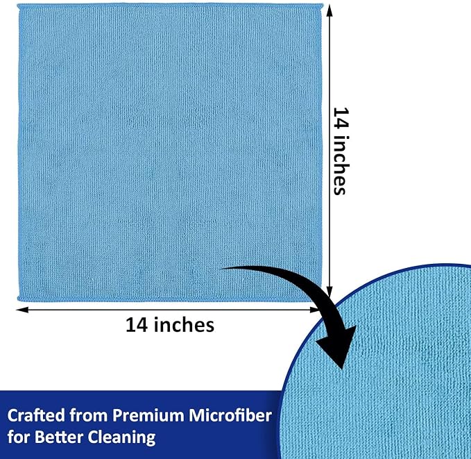 Microfiber Cleaning Cloths (12-Pack), 14" x 14", Ultra Absorbent, Lint-Free, Streak-Free, Reusable, Ideal for Car, Kitchen, Window, and Household Cleaning (Orange/Yellow/Green/Blue)