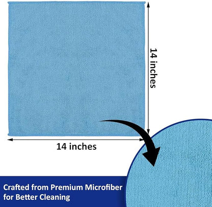 Microfiber Cleaning Cloths (12-Pack), 14" x 14", Ultra Absorbent, Lint-Free, Streak-Free, Reusable, Ideal for Car, Kitchen, Window, and Household Cleaning (Orange/Yellow/Green/Blue)