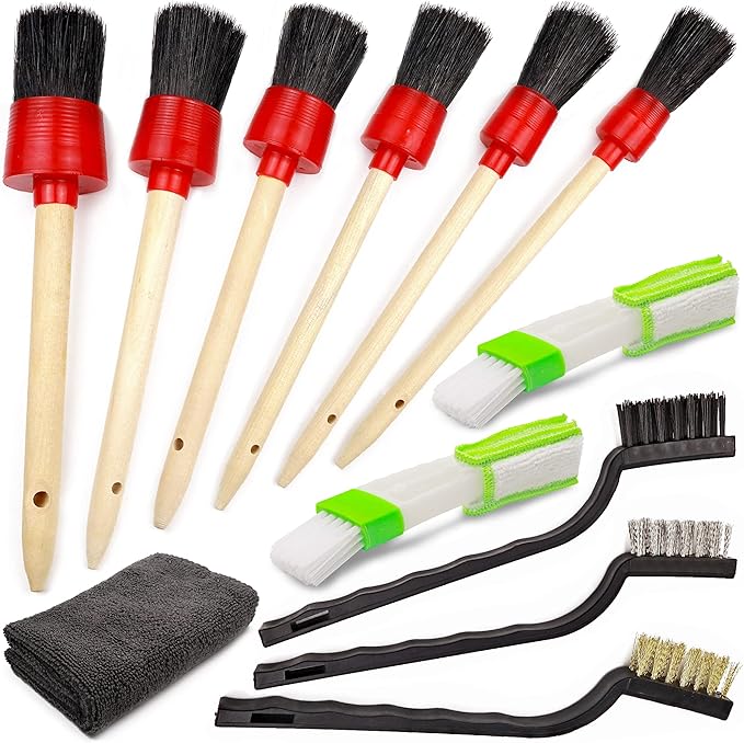 TAKAVU Car Detailing Kit & Detailing Brush Set, 12 Pc - Detail Brushes, Wire Brushes, Vent Duster & Microfiber Towel for Car Interior, Engine Bay, Wheels, Exterior & Motorcycle