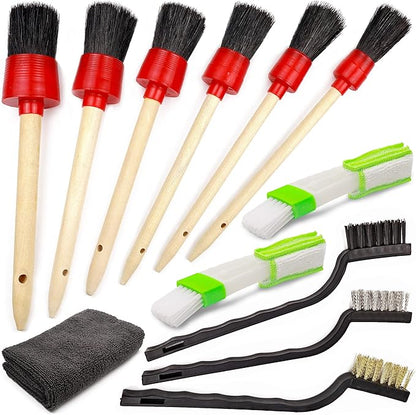 TAKAVU Car Detailing Kit & Detailing Brush Set, 12 Pc - Detail Brushes, Wire Brushes, Vent Duster & Microfiber Towel for Car Interior, Engine Bay, Wheels, Exterior & Motorcycle