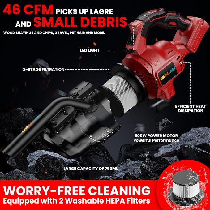 Cordless Vacuum for Miwaukee Battery, 5 in 1 Lightweight Handheld Vacuum Cleaner with 500W Powerful Motor, 46 CFM Portable Hand Vacuum with Filtration HEPA for Floor, Carpet(Battery Not Included)