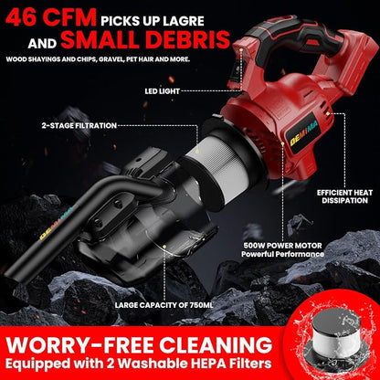 Cordless Vacuum for Miwaukee Battery, 5 in 1 Lightweight Handheld Vacuum Cleaner with 500W Powerful Motor, 46 CFM Portable Hand Vacuum with Filtration HEPA for Floor, Carpet(Battery Not Included)