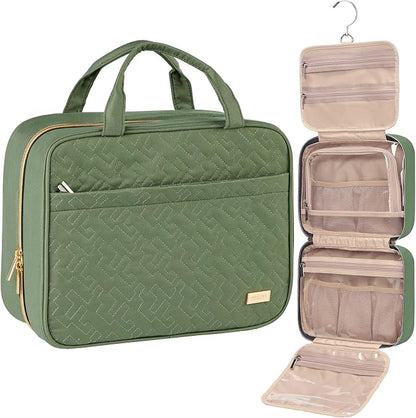 NISHEL Large Double Layer Travel Makeup Bag Women, Cosmetic Case, Organizer for Travel-Size Accessories Bottles, Brushes, Conditioner, and Skin Care Products, Bronze Green