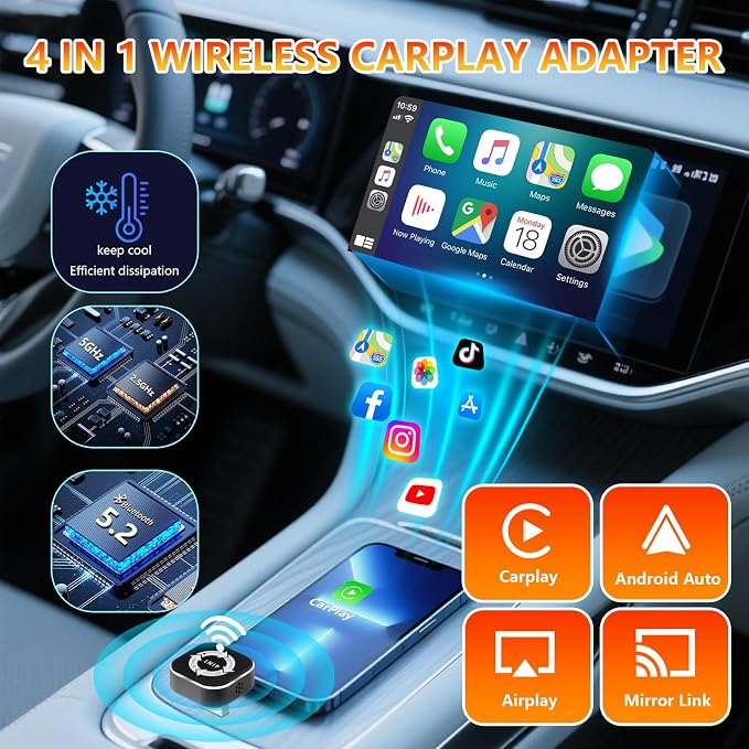 4 in 1 Wireless Carplay Adapter, Wired to Wireless Adapter for Car Play& Android Auto&Airplay&Mirror Link,USB-A Plug with Type-C Extension,Mini Size and Compact (4 in 1)