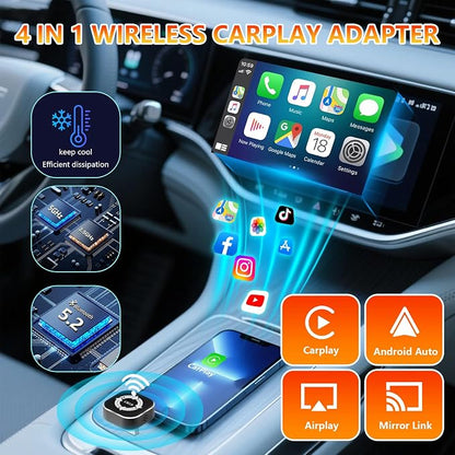 4 in 1 Wireless Carplay Adapter, Wired to Wireless Adapter for Car Play& Android Auto&Airplay&Mirror Link,USB-A Plug with Type-C Extension,Mini Size and Compact (4 in 1)