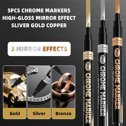5Pcs Liquid Mirror Chrome Paint Markers, Silver Gold & Copper Permanent Mirror Metallic Markers, Reflective Gloss for Plastic, Metal, Jewelry, Wheel, Model Car Touch Up Repair Kit & DIY Craft