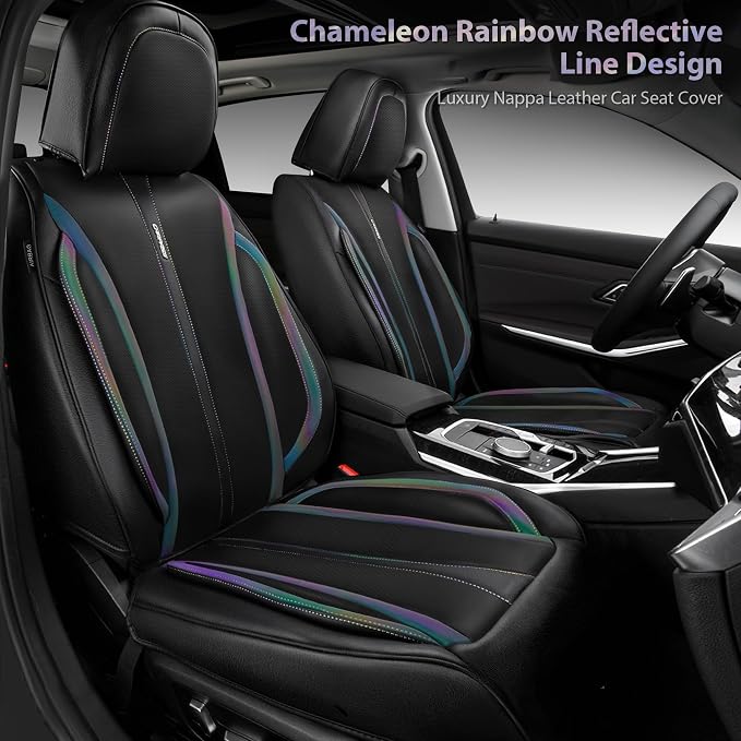 CAR PASS Nappa Leather Car Seat Covers, Durable Waterproof Luxury Universal for SUV Pick-up Truck Sedan, Anti-Slip Driver 5 Seats Covers Full Set with Backrest (Black Chameleon Iridescent Reflective)