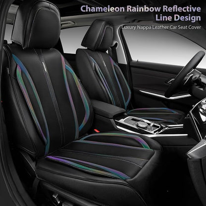 CAR PASS Nappa Leather Car Seat Covers, Durable Waterproof Luxury Universal for SUV Pick-up Truck Sedan, Anti-Slip Driver 5 Seats Covers Full Set with Backrest (Black Chameleon Iridescent Reflective)