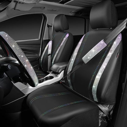 CAR PASS Bling Diamond Leather Seat Covers Sets 12pcs Shining Car Accessories Set for Women, Sparkly Rhinestone Steering Wheel Cover, Glitter Cute Crystal for Women Girl, Bedazzed Multicolor Diamond