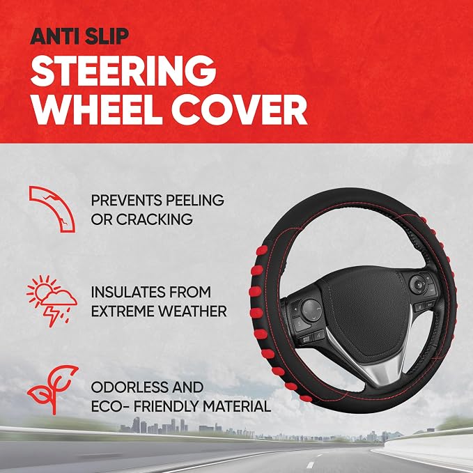 Motor Trend FlexGrip Red Steering Wheel Cover for Cars – Standard 15 inch Car Steering Wheel Cover, Red and Black Steering Wheel Protector for Auto Truck Van SUV