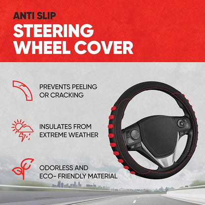 Motor Trend FlexGrip Red Steering Wheel Cover for Cars – Standard 15 inch Car Steering Wheel Cover, Red and Black Steering Wheel Protector for Auto Truck Van SUV