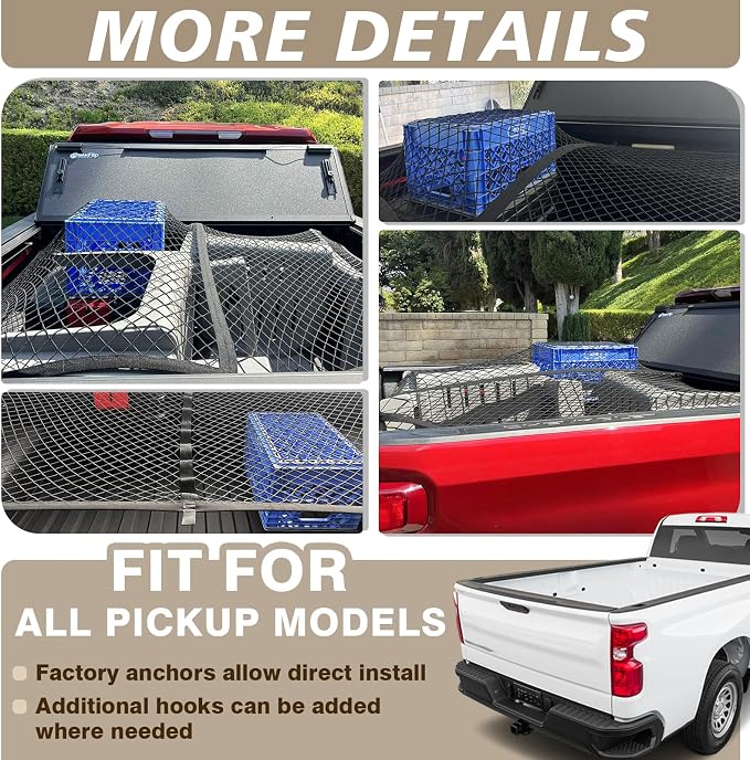 Muslogy Truck Bed Cargo Net Trunk Netting Compatible with Pickup Bed Stretchable 4'x4' to 7'x7' Accessories, Pickup Cargo Organizer ATV SUV UTV Truck&Boat Sedan Storage Net w/Heavy Duty Carabiners