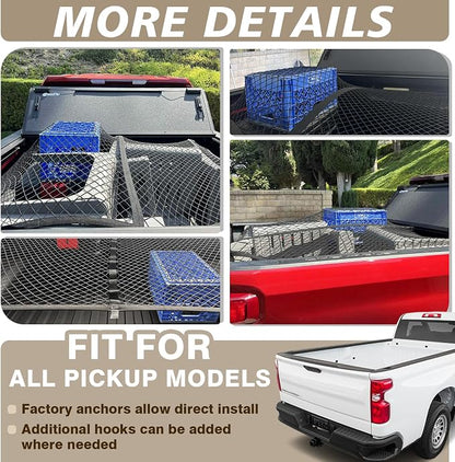 Muslogy Truck Bed Cargo Net Trunk Netting Compatible with Pickup Bed Stretchable 4'x4' to 7'x7' Accessories, Pickup Cargo Organizer ATV SUV UTV Truck&Boat Sedan Storage Net w/Heavy Duty Carabiners