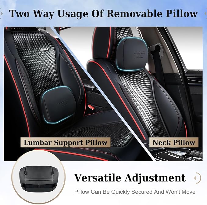 Coverado Seat Covers, Car Seat Covers Front Seats, Waterproof Nappa Leather Auto Seat Cover with Lumbar Head Pillow, Black Redline Seat Covers Carseat Cover Universal Fit for Most Cars