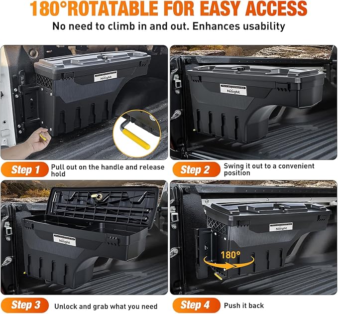 Nilight Truck Bed Tool Box Left Drivers Side Truck Tool Box Fit for Ford F-150 1999-2014 ABS Swing Case Truck Bed Storage Box with Lockable Lid Waterproof Wheel Well Toolbox Black