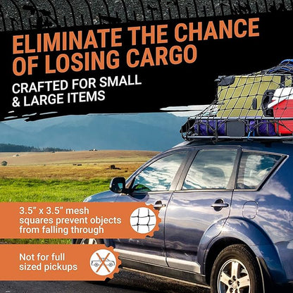 Truck Bed Cargo Net – 3 x 4 Foot, Heavy-Duty Elastic Mesh with 12 Hooks and 12 Blue Clips and Storage Bag for Pickup for Cargo Netting, Securing Loads in Trailers, SUVs & Roof Racks