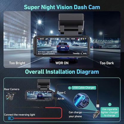 Dash Cam Front and Rear, 4K Dash Cam Built-in 5.8G WiFi GPS ADAS, 3.2" IPS Screen Dash Camera for Cars with Free 32GB Card,G-Sensor,Loop Recording,WDR,Night Vision Dashboard Camera