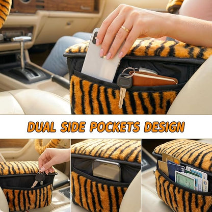 5 Pcs Fuzzy Animal Print Car Accessories Set, Soft Fluffy Plush Steering Wheel Cover, Center Console Armrest Pad & Rearview Mirror Cover - Interior Decorations for Women,Universal Fit (Tiger Print)