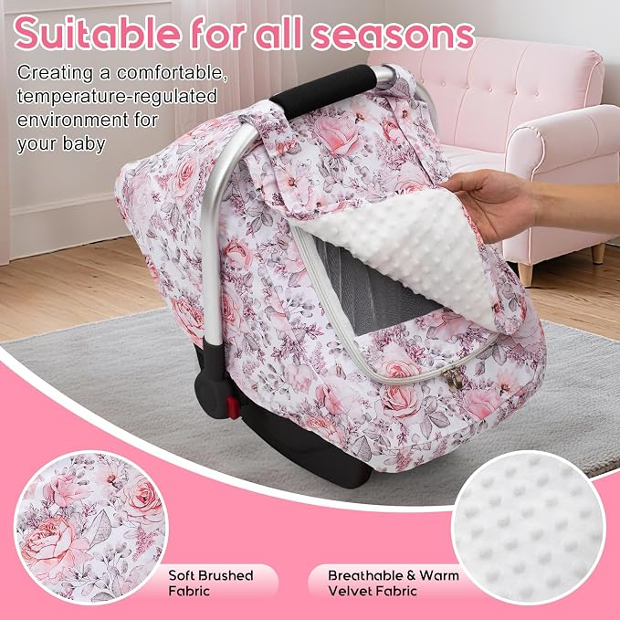 Car Seat Cover Baby Girls, Mink Dot Carseat Covers for Newborn with Breathable Mesh and Sun Shade Window, Warm Stretchy Infant Car Seat Canopy Snug Fit Baby Carrier, Stroller