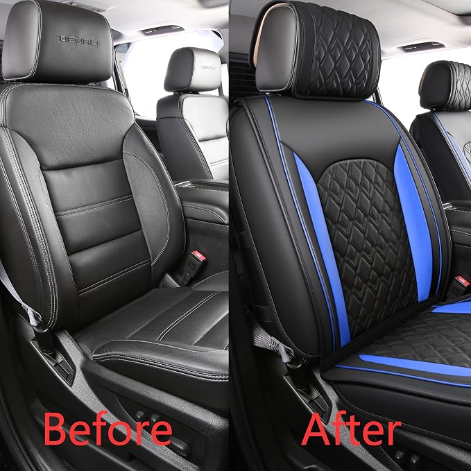JOJOBAY Chevy Silverado Seat Covers,Leather Seat Covers for GMC Sierra,Custom Fit 2007-2026 1500 2500HD 3500HD Crew Double Extended Regular Cab,LT LZT RST Trail Boss(Front Pair,Black Blue)