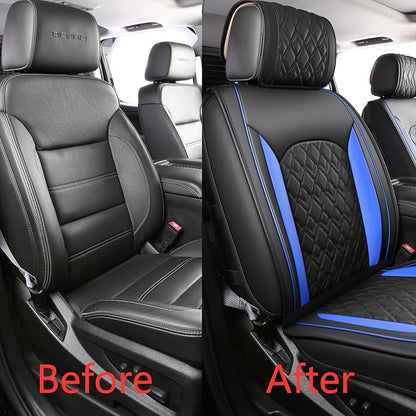 JOJOBAY Chevy Silverado Seat Covers,Leather Seat Covers for GMC Sierra,Custom Fit 2007-2026 1500 2500HD 3500HD Crew Double Extended Regular Cab,LT LZT RST Trail Boss(Front Pair,Black Blue)