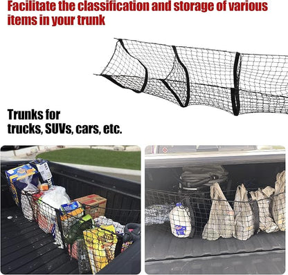 Amiss Heavy Duty Mesh Cargo Net, 3 Pocket Trunk Bed Storage Organizer Compatible for SUV, Car, Pickup Truck Bed, Etc.with 4 Metal Hooks (11.8×11.8×47.3 Inch), Black
