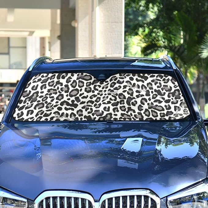 Black White Leopard Windshield Sun Shade Blocks UV Rays Visor Protector Accordion Folding Sun Reflector Auto Sunshade for Car Truck SUV to Keep Your Vehicle Cool