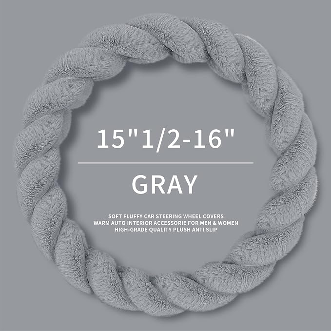 HighnessHwoo Luxury Fluffy Winter Car Steering Wheel Cover for Women Soft Warm Cute Auto Accessories for Jeep, Truck, Van, F150, Universal, Fuzzy, Anti Slip, Gray, Large Size, 15.2-16in