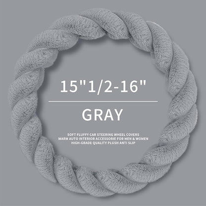 HighnessHwoo Luxury Fluffy Winter Car Steering Wheel Cover for Women Soft Warm Cute Auto Accessories for Jeep, Truck, Van, F150, Universal, Fuzzy, Anti Slip, Gray, Large Size, 15.2-16in