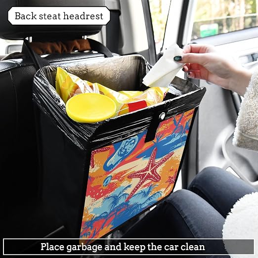 Car Trash Can Organizer Bin with Adjustable Strap for Back Front Seat Console Waterproof Leakproof Collapsible Portable 8.66 Inch Bright Summer Beach Starfish and Palm Tree
