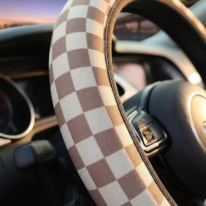 Checkered Brown Steering Wheel Cover 14-15 Inch with 2 Pcs Car Coasters | Universal Anti-Slip Breathable Suitable Men Women Checkered Car Wheel Cover Accessories