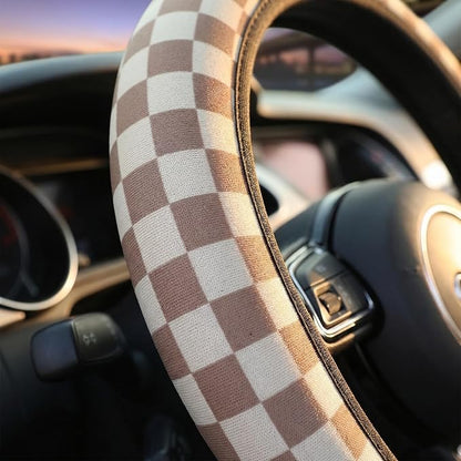Checkered Brown Steering Wheel Cover 14-15 Inch with 2 Pcs Car Coasters | Universal Anti-Slip Breathable Suitable Men Women Checkered Car Wheel Cover Accessories