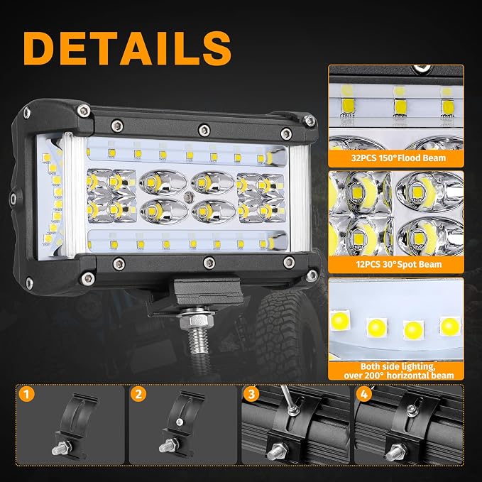 Side Shooter Light Pods, Muto-Beam 2PCS 5Inch Quad Row LED Light Bars Off Road Driving Lighting Spot Flood Combo Light Work Lights LED Fog Lights for Truck UTV ATV SUV Boat Tractor