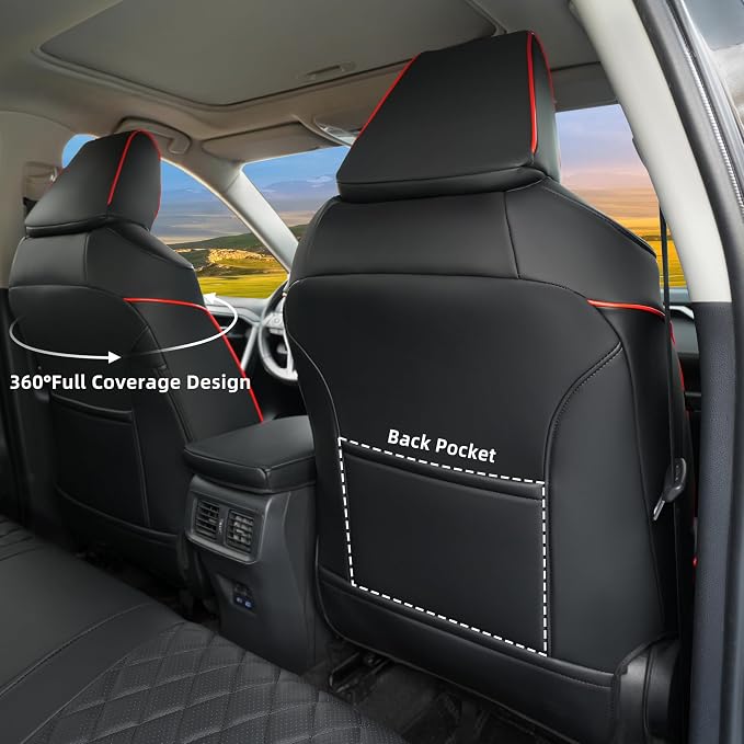 Lolcar Rav4 Seat Covers for Toyota RAV4 2019 2020 2021 2022 2023 2024 2025 LE,XLE,XLE Premium,Limited,Car Seat Cover for Trucks SUV,Leather Seat Cushion Full Set,Faux Leather (Black red Grid)