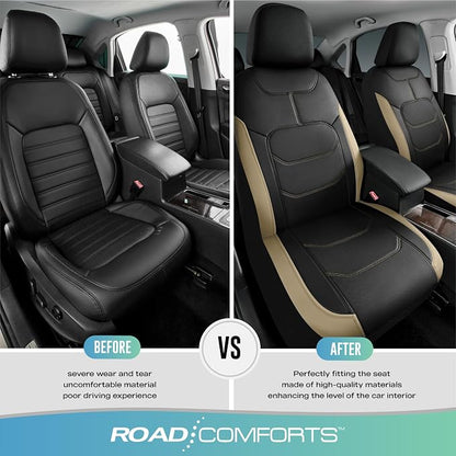 Road Comforts Seat Covers, Premium Leather Car Seat Covers Front Seats,Airbag Compatible, Automotive Seat Covers Universal Fit Most Cars,Vans,Truck,SUV Beige
